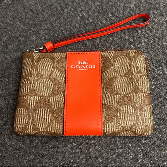 Coach Corner Zip Wristlet in Signature Khaki Orange - Picture 2 of 12